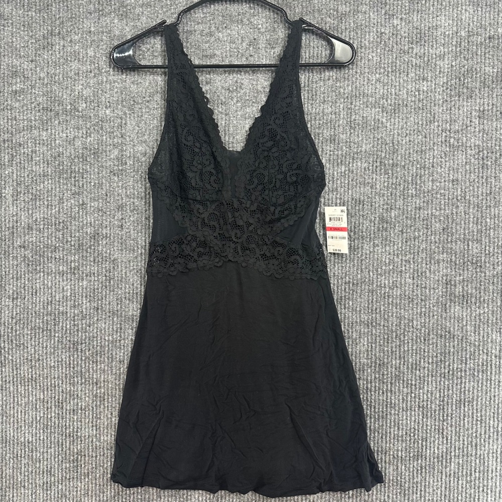 INC Short Gown Women XS Black New Lace Mesh V-Neck Sleepwear 100046773MS